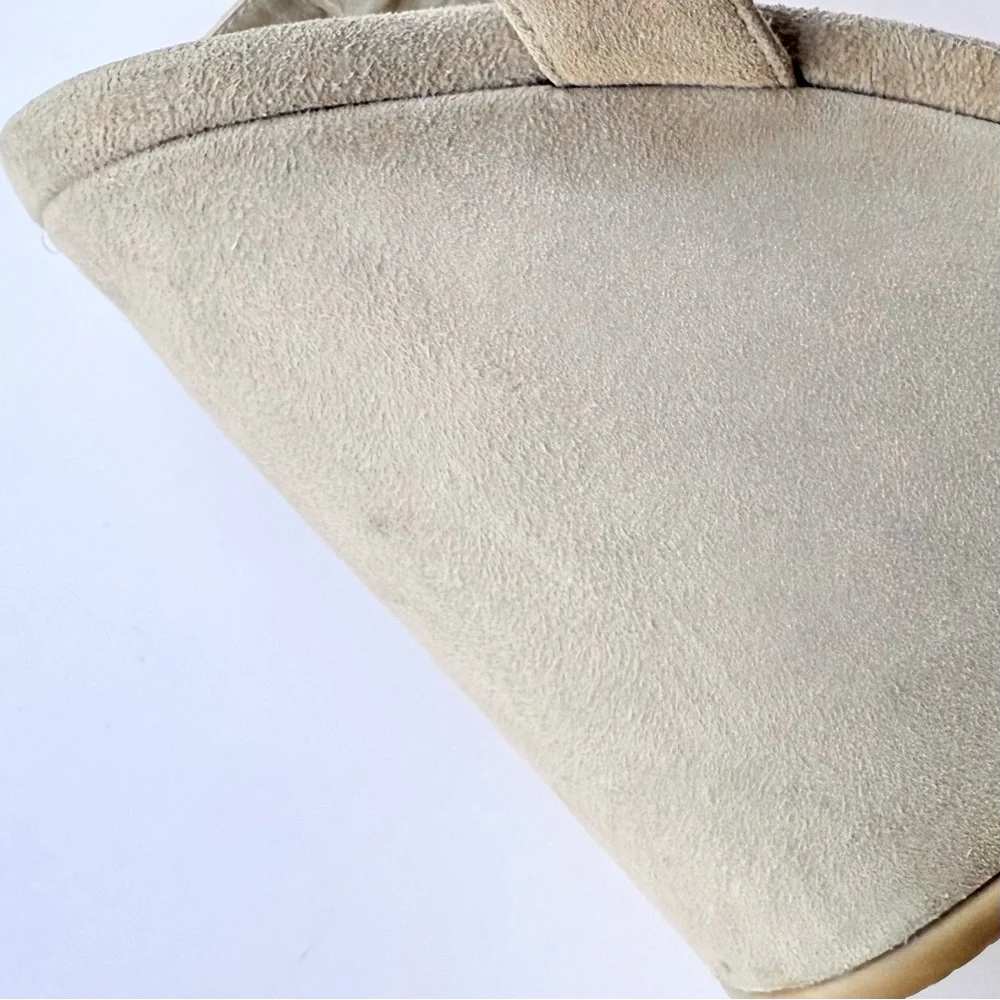 Stuart Weitzman Sundraped Tan / Beige Suede Wedge Ankle Strap Sandals 8.5